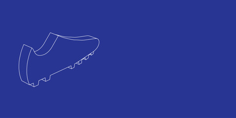 Poster - The outline of a large football boot symbol made of white lines on the left. 3D view of the object in perspective. Vector illustration on indigo background