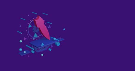 Poster - Pink falling rocket symbol on a pedestal of abstract geometric shapes floating in the air. Abstract concept art with flying shapes on the left. 3d illustration on deep purple background