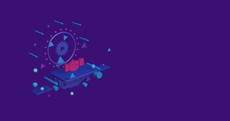 Poster - Pink handshake symbol on a pedestal of abstract geometric shapes floating in the air. Abstract concept art with flying shapes on the left. 3d illustration on deep purple background