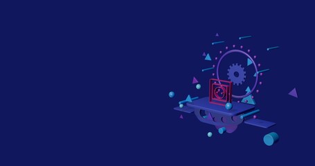 Poster - Pink power socket symbol on a pedestal of abstract geometric shapes floating in the air. Abstract concept art with flying shapes on the right. 3d illustration on indigo background