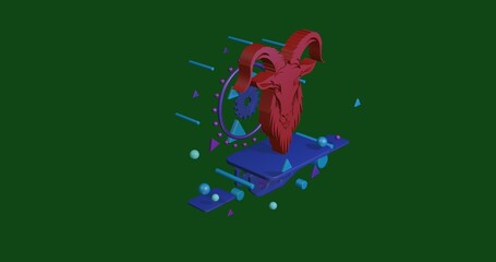 Poster - Red goat symbol on a pedestal of abstract geometric shapes floating in the air. Abstract concept art with flying shapes in the center. 3d illustration on green background
