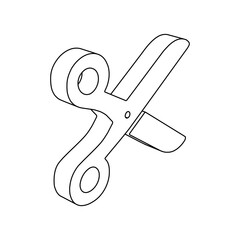 Poster - The outline of a large scissors symbol is made with black lines. 3D view of the object in perspective. Vector illustration on white background