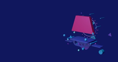 Poster - Pink trapezoid symbol on a pedestal of abstract geometric shapes floating in the air. Abstract concept art with flying shapes on the right. 3d illustration on indigo background