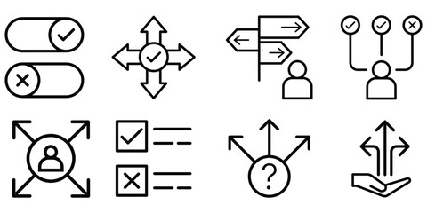 Choice thin line icon set. Information, location, warning, notice, direction, quiz answer, select, alternative, possibility, plan symbol vector illustration.