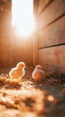 Poster - Two adorable newborn chickens are standing on straw bedding inside a wooden coop, illuminated by warm sunlight streaming through an opening, creating a cozy and idyllic farm scene