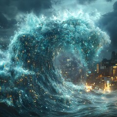 Aufkleber - A massive wave, composed of glowing digital elements, crashes over a city at night. A dramatic and surreal depiction of technology's power Cyber Attack Breach. Futuristic Technology Backgrounds