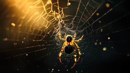 A spider with intricate web, illuminated by golden light.