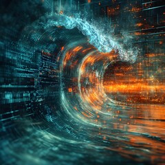 Poster - An abstract artwork depicting a digital wave forming a tunnel, symbolizing a journey through cyberspace. Futuristic Technology Backgrounds A surreal depiction of a Cyber Attack Breach
