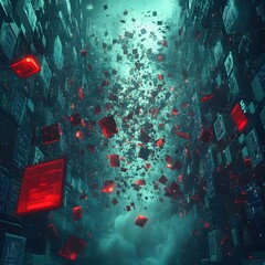 Aufkleber - Falling data cubes in a cyberpunk digital world. Teal and red hues create a surreal, intense atmosphere. Futuristic Technology Backgrounds Data Breach