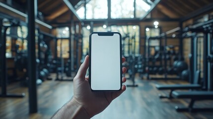 Hand holding smartphone with white screen in gym: fitness app mockup