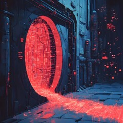 Leinwandbilder - A digital portal in a futuristic city, glowing red light streams out, futuristic architecture and cityscape. Futuristic Technology Backgrounds. A surreal depiction of a data Leak