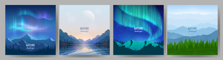 Wall Mural - Set of night landscapes. Northern lights, view of mountains and lake, foggy landscape with mountain ranges. Background design, travel banners, business cards, postcards. Vector illustration.