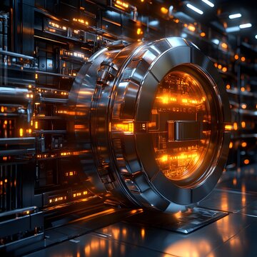 A 3D rendering of a futuristic data core, a metallic vault with glowing orange circuits. Cyberpunk aesthetic. Futuristic Technology Futuristic Data Core: Glowing Circuits within a Metallic Vault