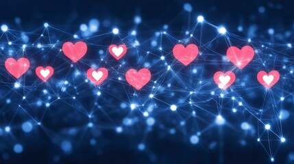 Poster - Pink hearts float in a blue digital network, glowing softly. Abstract concept of social media, connection, and love.