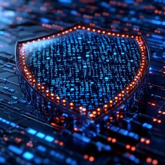 Leinwandbilder - Digital shield glowing with binary code, representing cybersecurity and data protection. Futuristic Technology Backgrounds Digital Shield: Cyber Security and Data Protection