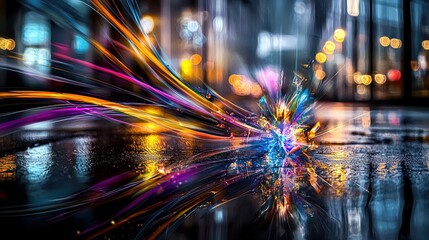Poster - Dynamic light trails create vibrant reflections in urban environment nighttime photography artistic perspective
