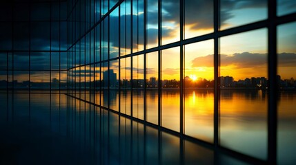 Poster - Sunset cityscape view through large glass windows of a modern building, reflecting golden light on the floor.