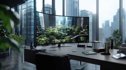 Poster - Innovative office space design with futuristic greenery urban environment digital art modern viewpoint