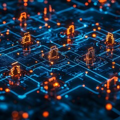 Aufkleber - A vibrant depiction of a futuristic digital network. Orange server nodes pulse within a glowing blue circuit board. Futuristic Technology Backgrounds. Futuristic Server Nodes and Data Streams