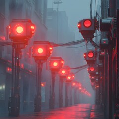 Aufkleber - A futuristic city street bathed in red light, shrouded in fog. Cyberpunk aesthetic. Futuristic Technology Backgrounds. Cyberpunk Cityscape: Red Glowing Lights in a Foggy Alley