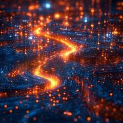 Poster - Digital art depicting a river of light. Orange hues flow through a dark blue landscape. Glowing particles illuminate the scene. Futuristic Technology Backgrounds Abstract Glowing Digital Energy Waves