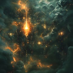 Poster - A digital painting of a futuristic city engulfed in a dramatic thunderstorm. Lightning strikes through the city's towering structures. Futuristic Technology Backgrounds Cityscape Pierced by Lightning