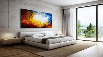 Aufkleber - Modern bedroom interior design urban apartment photography sunlit environment wide angle view contemporary style