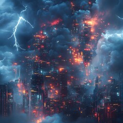 Aufkleber - A digital painting depicting a futuristic city enveloped in a dramatic thunderstorm. Neon lights illuminate the skyscrapers. Futuristic Technology Backgrounds Stormy Cyberpunk Metropolis