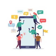 Poster - Connected World: Diverse individuals engage in communication and connection through a giant smart device, symbolizing a unified, digitally-driven world. 
