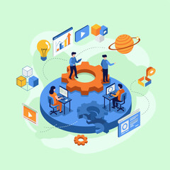 Poster - Innovation Unleashed: An isometric view of a collaborative workspace, symbolizing the convergence of innovation, technology, and teamwork. Animated style with vibrant colors.