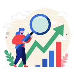 Poster - Growth Analysis: A graphic portrayal of a person meticulously examining financial growth and progress, using magnifying glass, with rising graph, bar chart, and other elements. 