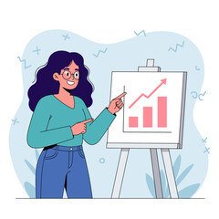 Fototapete - Woman Presenting Growth Chart: A cheerful woman presents a chart on a easel with an upward trending graph to showcase business performance.