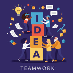 Poster - Team Building Idea: A diverse team collaborates to build an 'IDEA' block tower, symbolizing teamwork, innovation, and creative problem-solving.