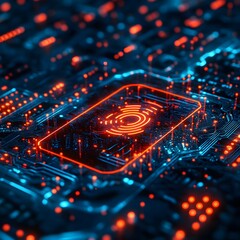 Poster - Close-up of a futuristic fingerprint sensor integrated into a complex circuit board. Represents advanced technology and cybersecurity. Futuristic Technology Backgrounds Futuristic Fingerprint Sensor