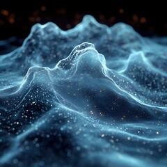 Poster - An abstract digital landscape of glimmering blue peaks, created with particles and light. It evokes a sense of depth and technological advancement. Futuristic Technology Backgrounds Digital Landscape
