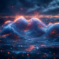 Poster - A digital artwork depicting glowing waves at night. Mystical and serene. Futuristic Technology Backgrounds Enchanted Ocean: Glowing Waves Under a Starry Night