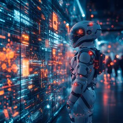 Leinwandbilder - A futuristic astronaut stands before a massive screen displaying complex data streams. Cyberpunk aesthetic. Futuristic Technology Backgrounds. Cyberpunk Astronaut Observing Digital Data Streams