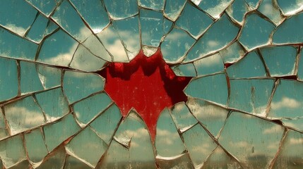 Poster - shattered glass reveals a red background and a blue sky, creating a contrast of textures and colors.