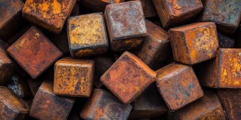 Poster - Rusty metal blocks stacked together in a disordered pile revealing textures and patina under natural light