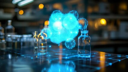 Poster - High-tech laboratory with a glowing holographic molecular structure floating above a sleek table, symbolizing advanced chemical research, biotechnology, and futuristic scientific analysis
