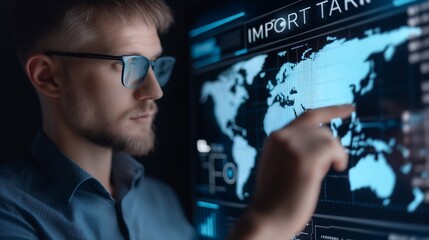 Poster - A businessman observing a virtual screen with digital graphs and the phrase IMPORT TARIFF flashing alongside global trade route indicators.