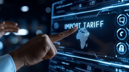 Poster - Business analyst interacting with a virtual control board, highlighting fluctuating trade metrics and the phrase IMPORT TARIFF in a futuristic setting.