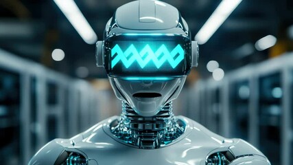Poster - Futuristic white humanoid robot with a VR visor standing in an advanced AI-driven data center. Concept of artificial intelligence, automation, and cybernetic future