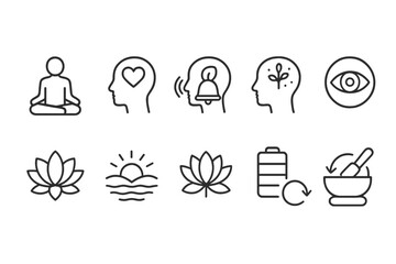 Poster - Icons representing mindfulness, mental well-being, and holistic practices in a vector illustration format