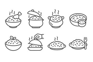 Poster - Vector illustration of line icons featuring various rice dishes and cooking processes