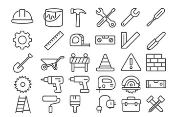 Poster - Construction tools and equipment vector illustration featuring various icons for building and renovation tasks