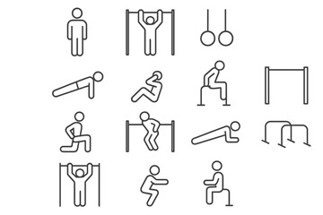 Poster - Vector illustration of gym and exercise line icons depicting various fitness activities and body movements