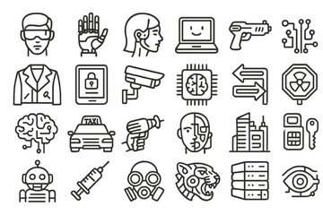 Aufkleber - Collection of vector illustration line icons representing technology, security, transportation, and artificial intelligence concepts