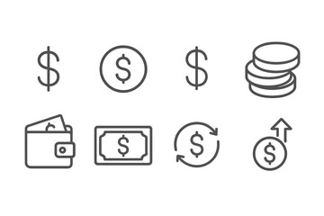 Aufkleber - Line icons representing money-related concepts including currency, wallet, and coins in minimalistic design