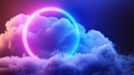Poster - Vibrant neon circle colorful 3d frame glows amidst a dreamy cloudscape, illuminated by a gradient of pink and blue hues abstract background